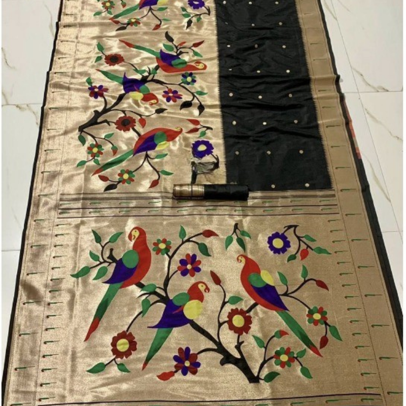 Black Paithani saree with traditional peacock & lotus motifs in gold zari border with tassels