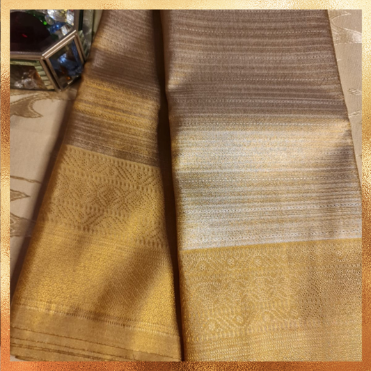 Bridal Kanjivaram gold silver body with gold border & golden zari. Perfect for weddings & festive wear. Handpicked collection at The Saree Mahal