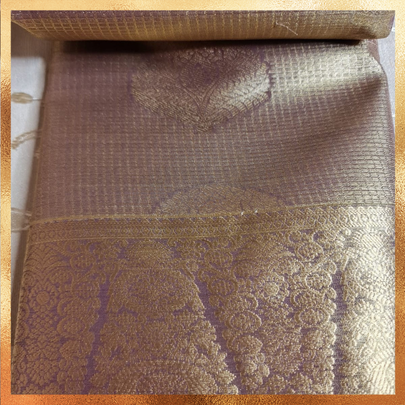 Bridal Kanjivaram Lavendar Mauve dual tone body with gold border & golden zari. Perfect for weddings & festive wear. Handpicked collection at The Saree Mahal