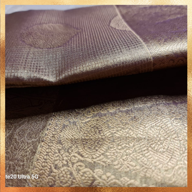 Bridal Kanjivaram Lavendar Mauve dual tone body with gold border & golden zari. Perfect for weddings & festive wear. Handpicked collection at The Saree Mahal