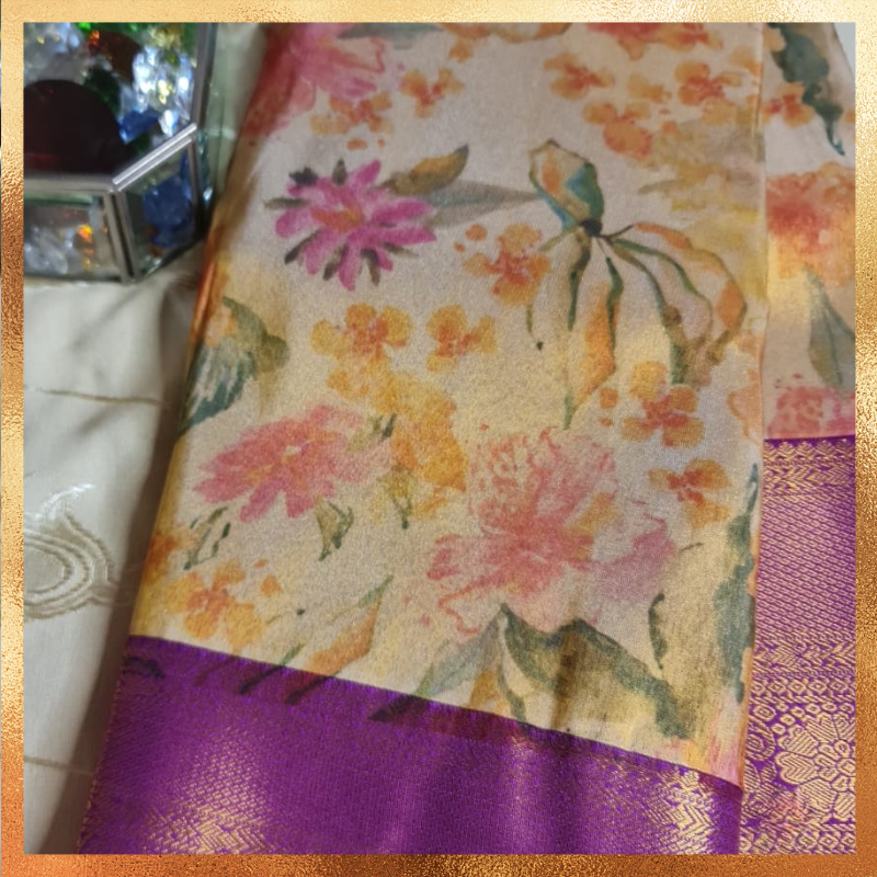 Bridal Kanjivaram golden hue dual tone saree with magenta border & golden zari. Perfect for weddings & festive wear. Handpicked collection at The Saree Mahal