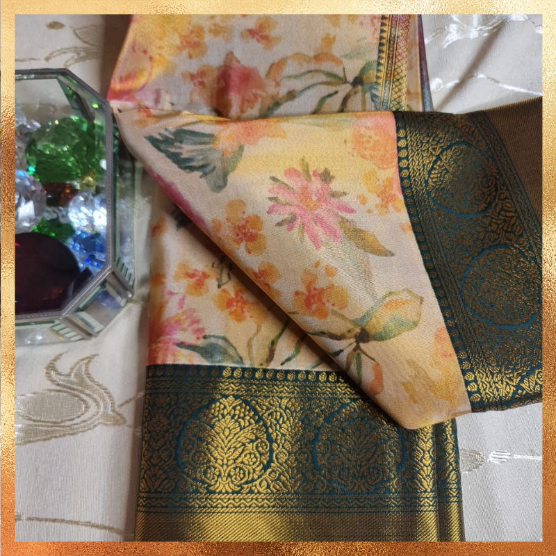 Bridal Kanjivaram golden hue dual tone saree with datk green boder & golden zari. Perfect for weddings & festive wear. Handpicked collection at The Saree Mahal