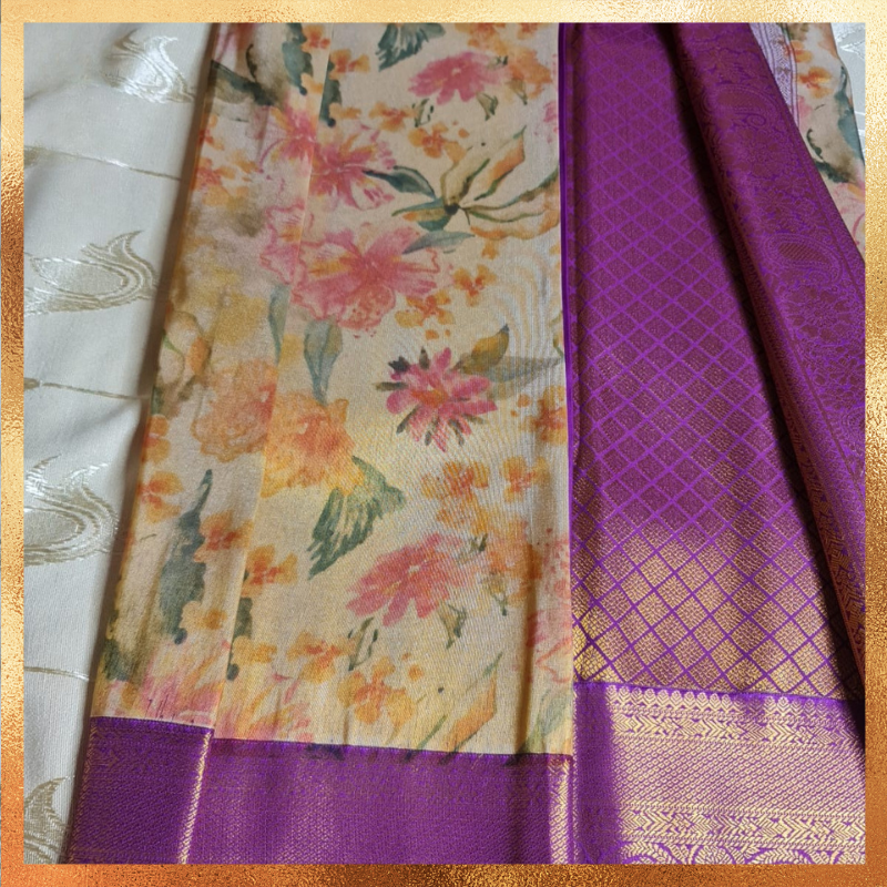 KANJIVARAM (TSM KJ014) - Gold Floral Art Magenta Border