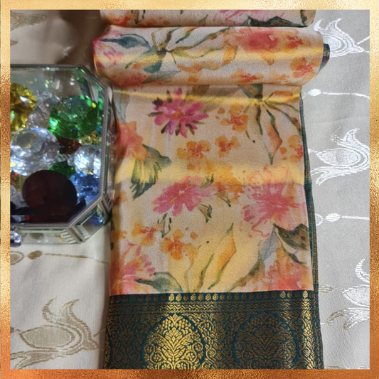 Bridal Kanjivaram golden hue dual tone saree with datk green boder & golden zari. Perfect for weddings & festive wear. Handpicked collection at The Saree Mahal