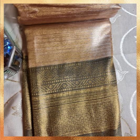 Bridal Kanjivaram golden body with dark green border & golden zari. Perfect for weddings & festive wear. Handpicked collection at The Saree Mahal