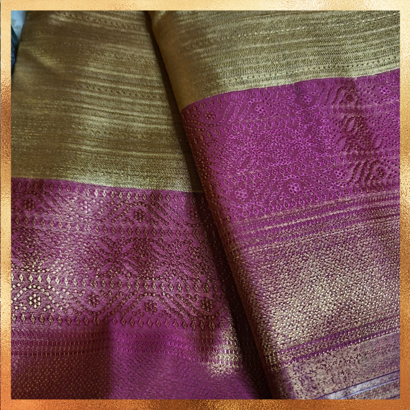 Bridal Kanjivaram golden body with magenta border & golden zari. Perfect for weddings & festive wear. Handpicked collection at The Saree Mahal