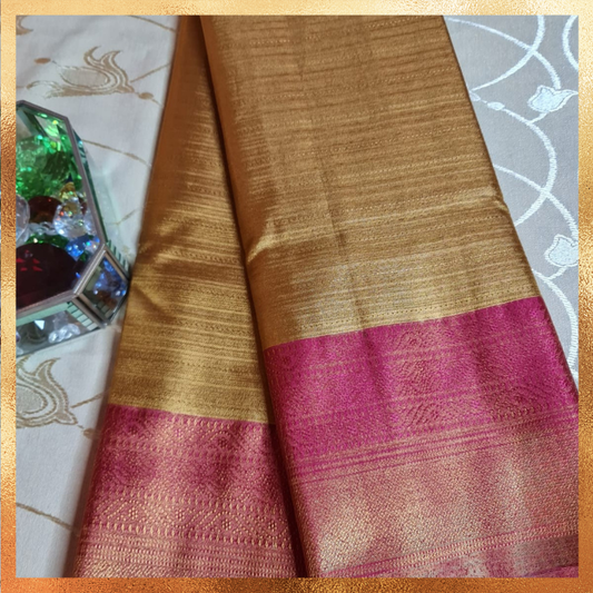 Bridal Kanjivaram golden body with magenta border & golden zari. Perfect for weddings & festive wear. Handpicked collection at The Saree Mahal