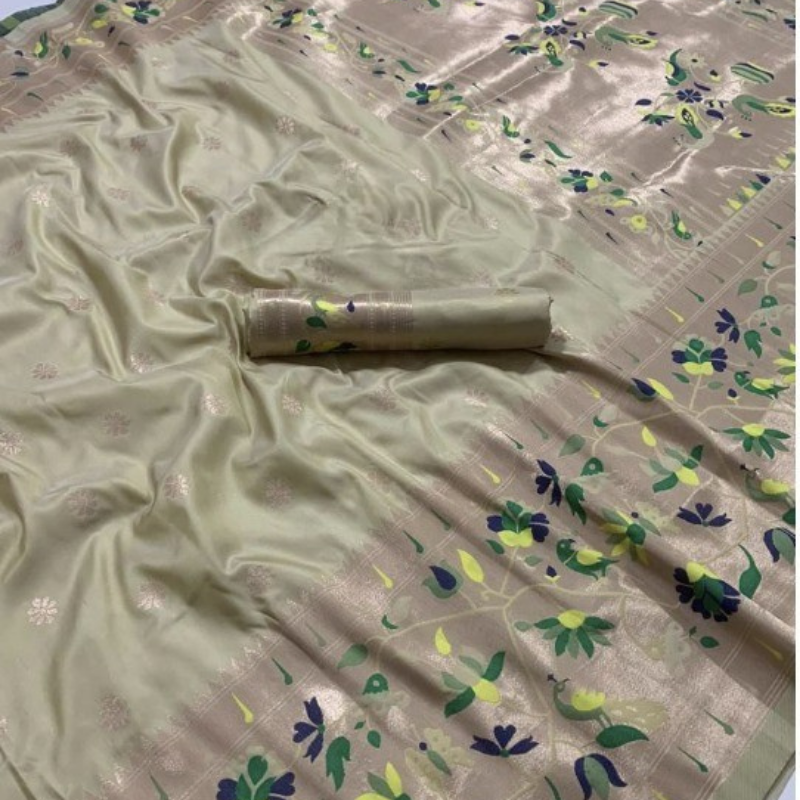 Champagne color Paithani saree with traditional peacock & lotus motifs in gold zari border with tassels