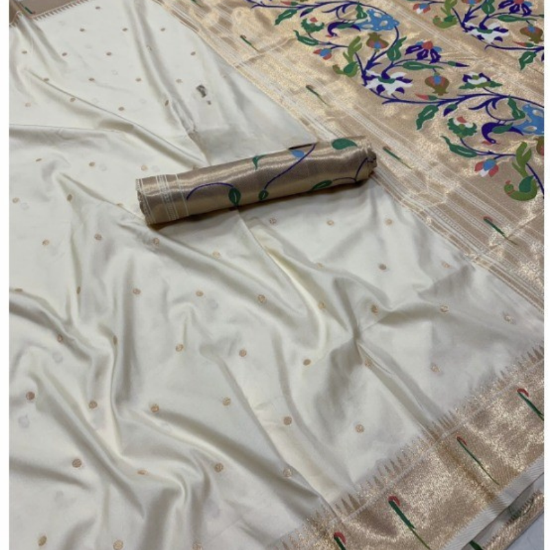 Cream Paithani saree with traditional peacock & lotus motifs in gold zari border with tassels