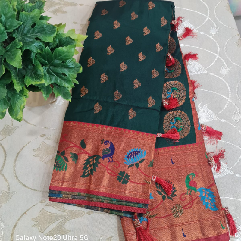Handwoven Dark Green Paithani saree with traditional colorful peacock and lotus motifs in gold zari border