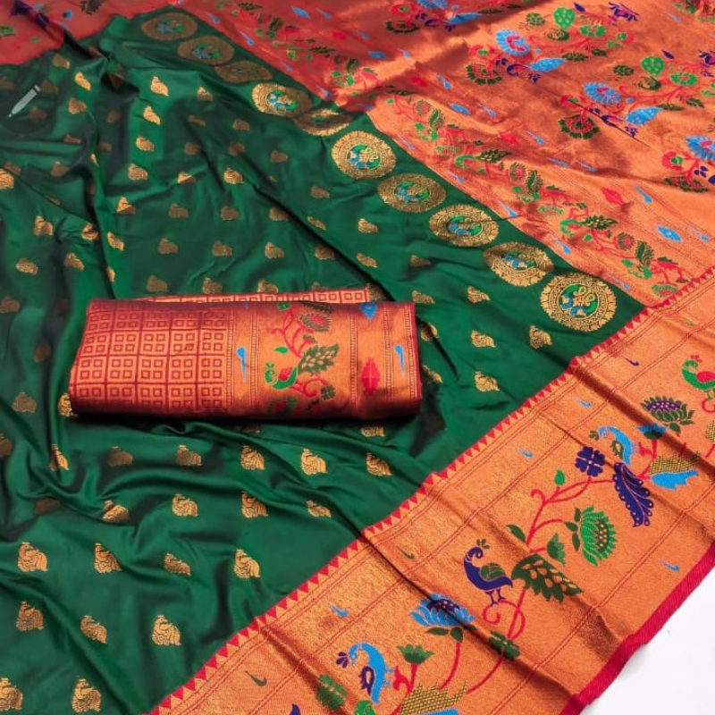 Handwoven Dark Green Paithani saree with traditional colorful peacock and lotus motifs in gold zari border