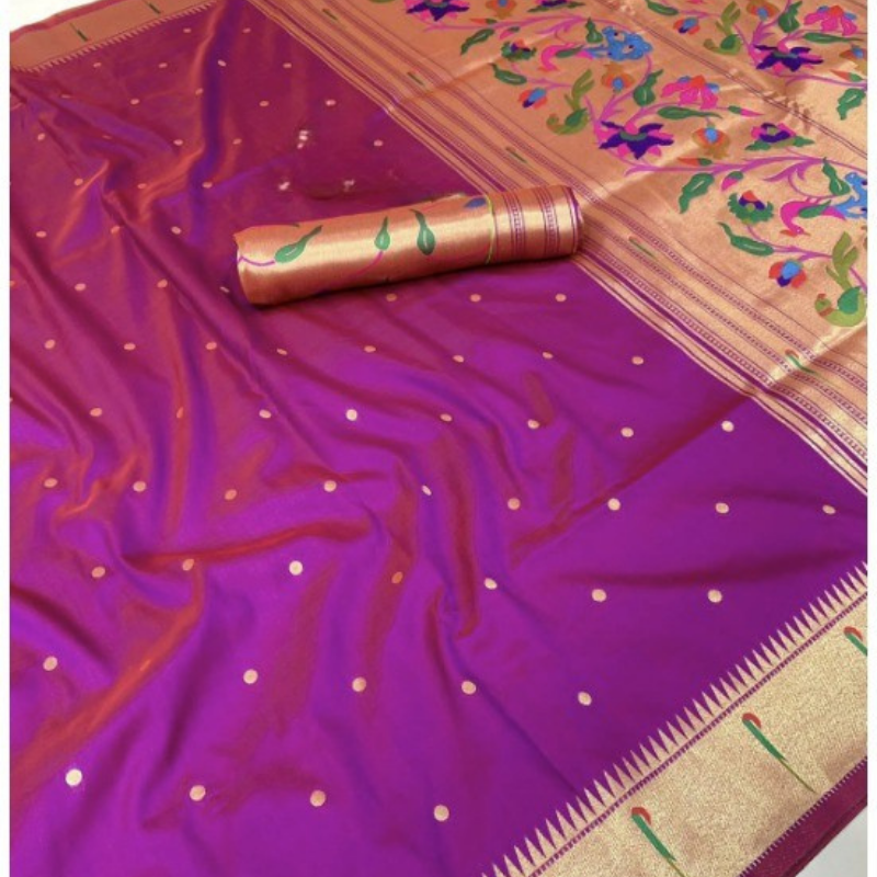 Dual Tone Magenta Paithani saree with traditional peacock & lotus motifs in gold zari border with tassels