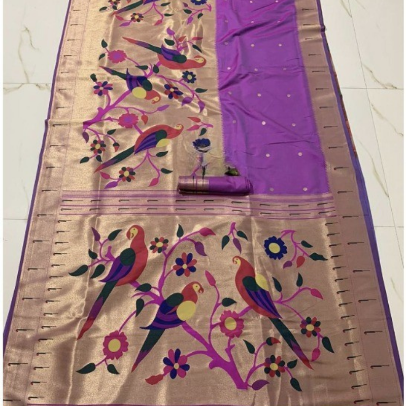 Dual Tone Mauve Paithani saree with traditional peacock & lotus motifs in gold zari border with tassels