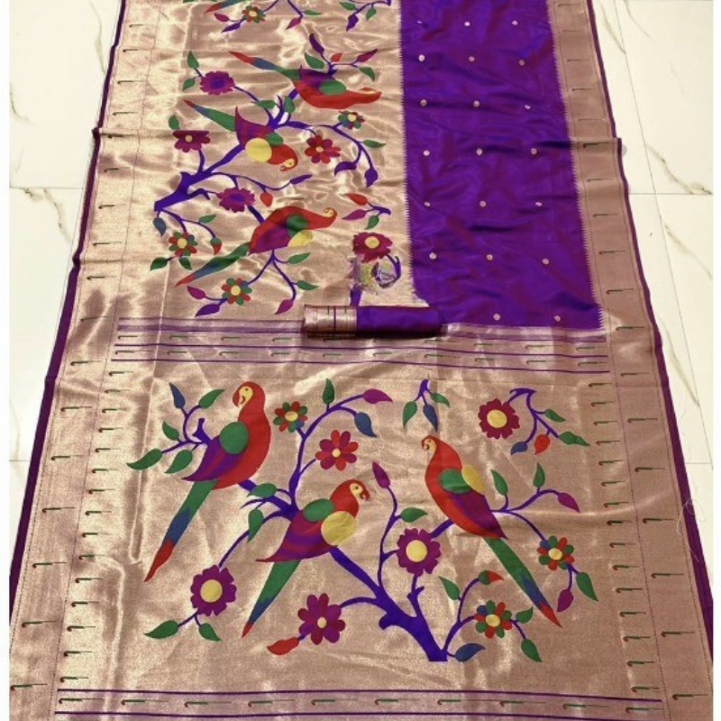 Dual Tone Mauve Paithani saree with traditional peacock & lotus motifs in gold zari border with tassels