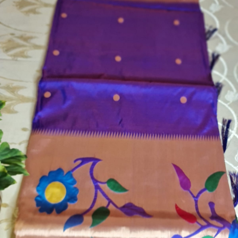 Dual Tone Mauve Paithani saree with traditional peacock & lotus motifs in gold zari border with tassels
