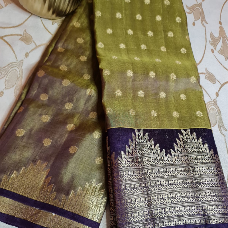 Dual Tone Tussar silk saree with natural shine & sheen, zari border-Elegant & Lightweight- Green Aubergine
