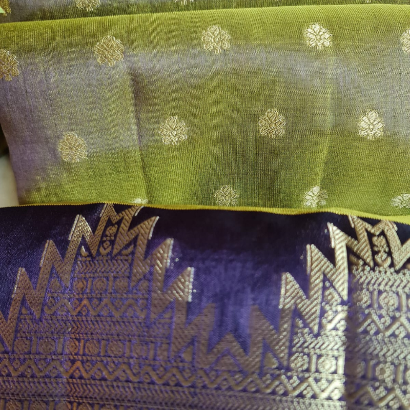 Dual Tone Tussar silk saree with natural shine & sheen, zari border-Elegant & Lightweight- Green Aubergine