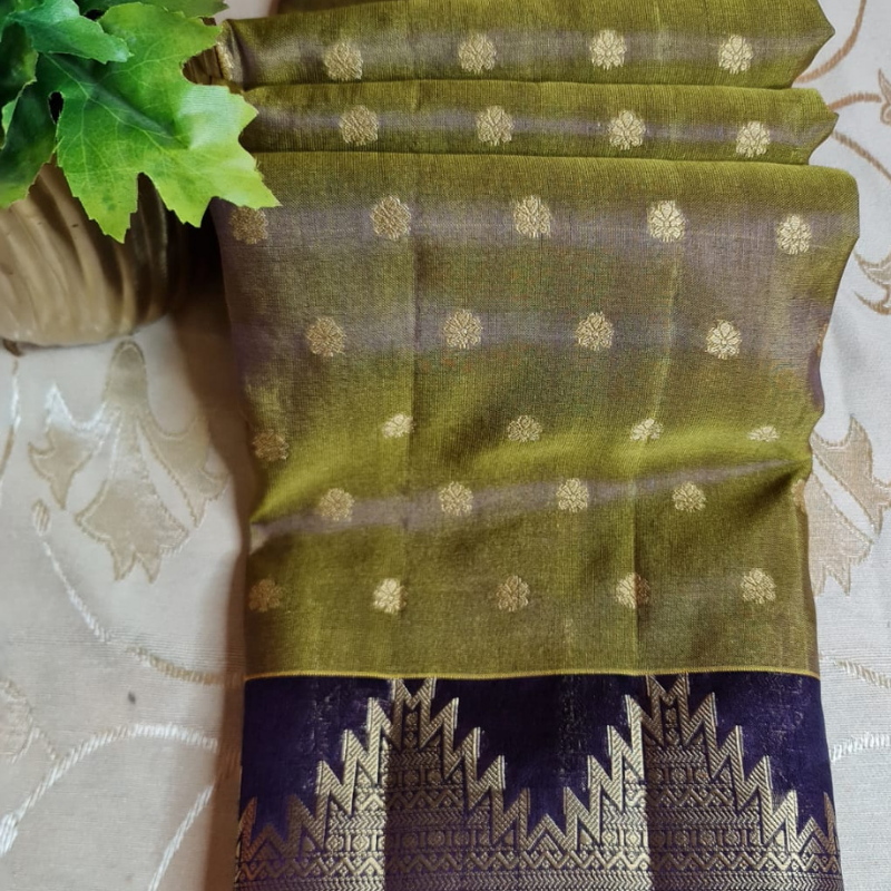 Dual Tone Tussar silk saree with natural shine & sheen, zari border-Elegant & Lightweight- Green Aubergine