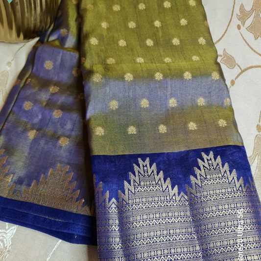 Dual Tone Tussar silk saree with natural shine & sheen, zari border-Elegant & Lightweight- Green & Navy Blue
