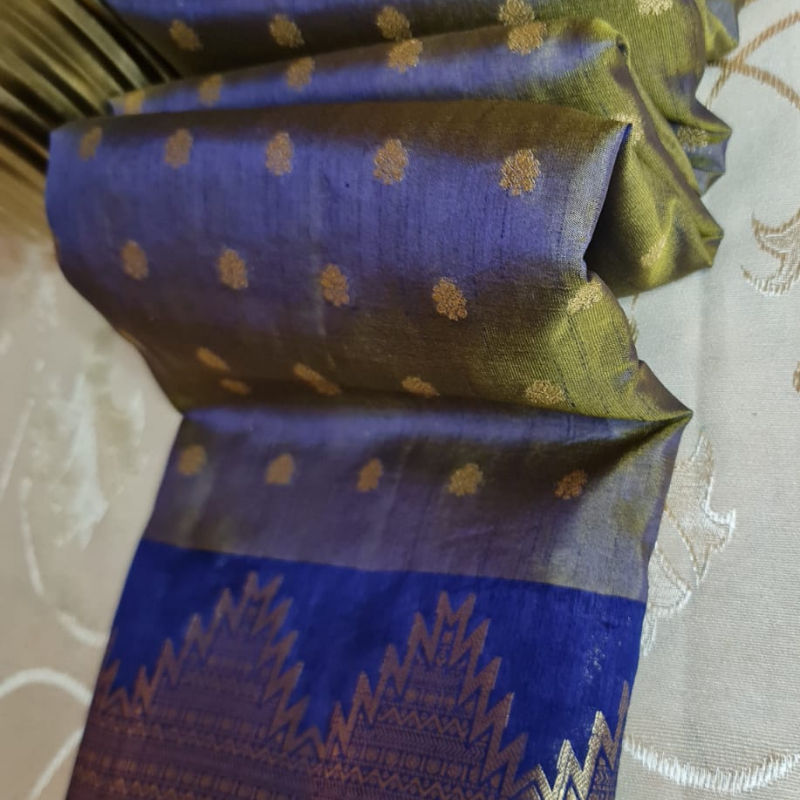 Dual Tone Tussar silk saree with natural shine & sheen, zari border-Elegant & Lightweight- Green & Navy Blue