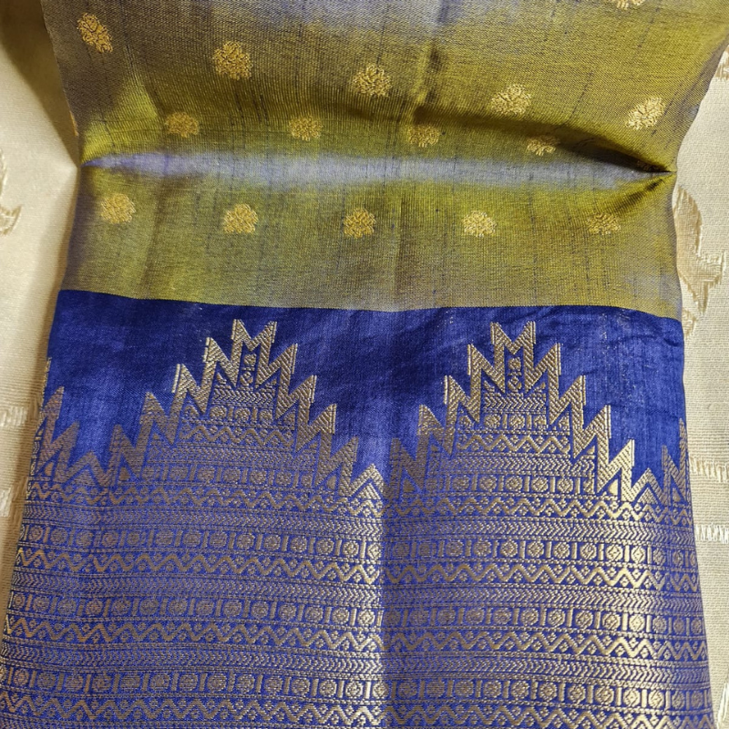 Dual Tone Tussar silk saree with natural shine & sheen, zari border-Elegant & Lightweight- Green & Navy Blue
