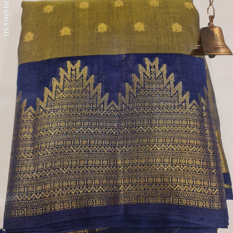 Dual Tone Tussar silk saree with natural shine & sheen, zari border-Elegant & Lightweight- Green & Navy Blue