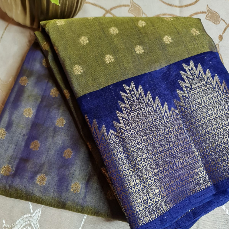 Dual Tone Tussar silk saree with natural shine & sheen, zari border-Elegant & Lightweight- Green & Navy Blue