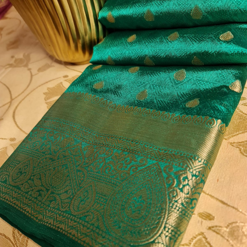 Green Benarasi silk blend saree with intricate gold zari detailing & motifs