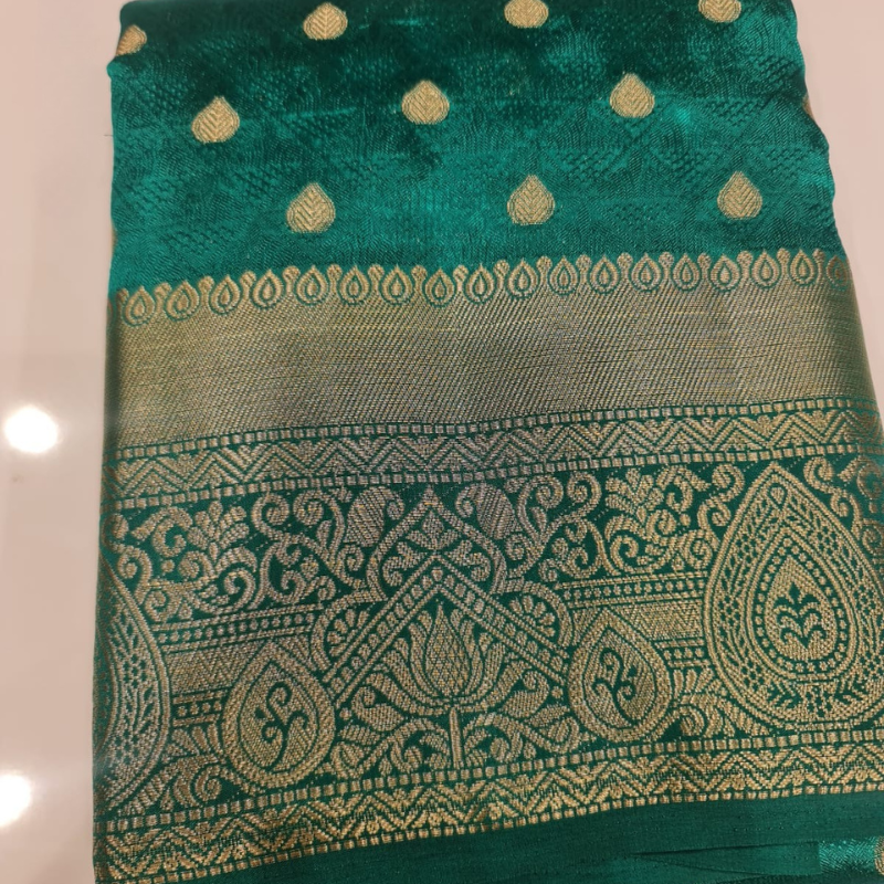 Green Benarasi silk blend saree with intricate gold zari detailing & motifs