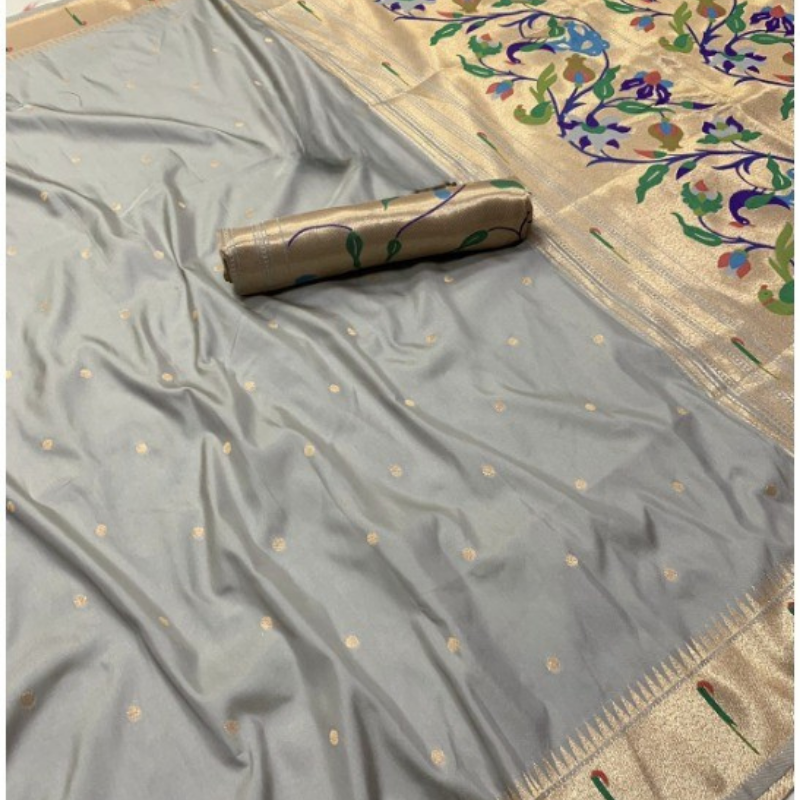 Grey Paithani saree with traditional peacock & lotus motifs in gold zari border with tassels