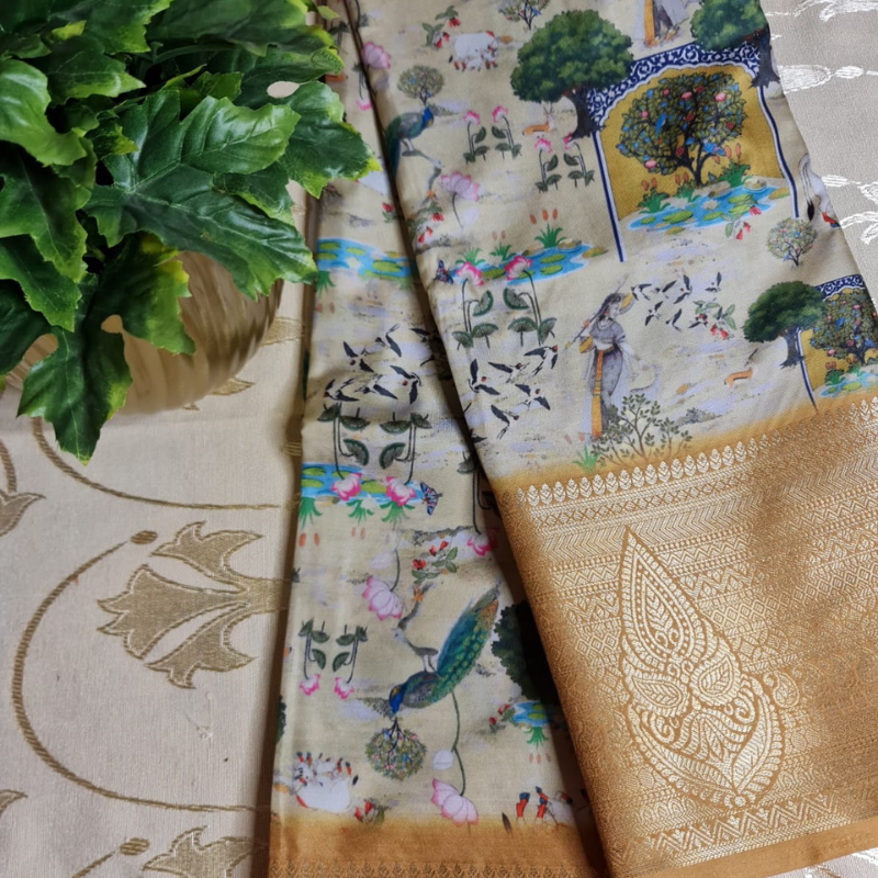 Kalamkari Off White saree with natural shine & sheen, zari border-Elegant & Lightweight