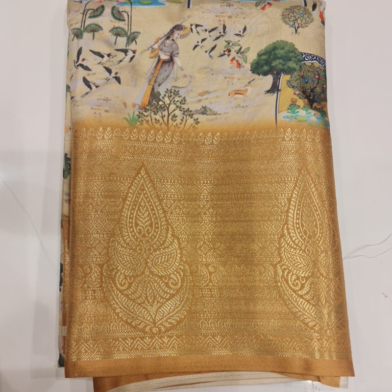 Kalamkari Off White saree with natural shine & sheen, zari border-Elegant & Lightweight