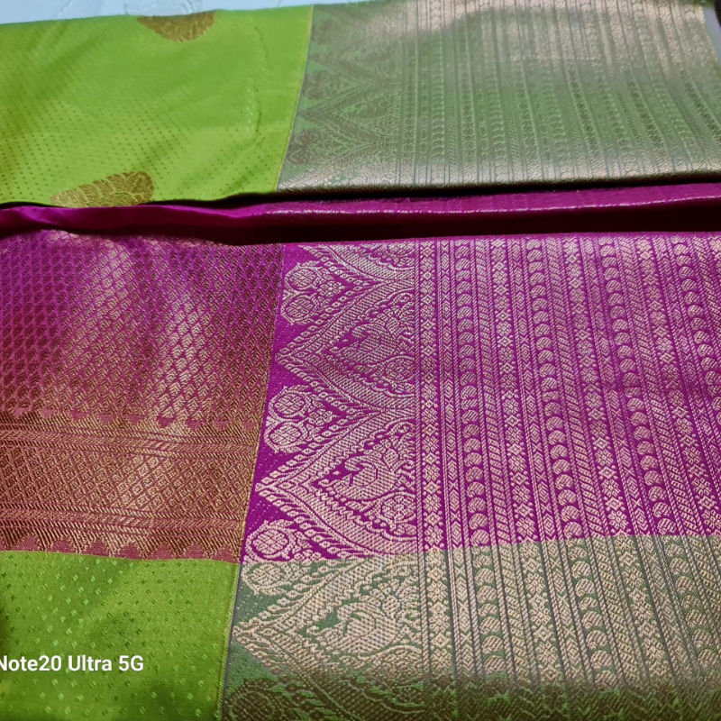 Kanchi Semi Silk saree with intricate gold zari detailing-green & magenta