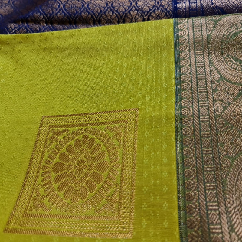 Kanchi Semi Silk saree with intricate gold zari detailing-Lime Green & Navy Blue