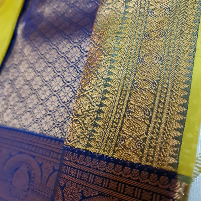 Kanchi Semi Silk saree with intricate gold zari detailing-Lime Green & Navy Blue