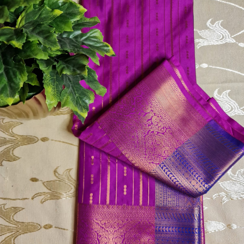 Kanchi Semi Silk saree with intricate gold zari detailing- Magenta & Royal Blue