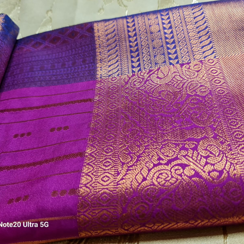 Kanchi Semi Silk saree with intricate gold zari detailing- Magenta & Royal Blue