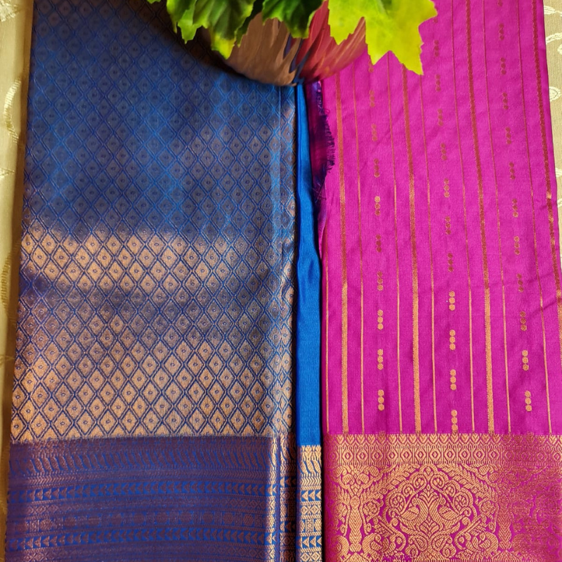 Kanchi Semi Silk saree with intricate gold zari detailing- Magenta & Royal Blue