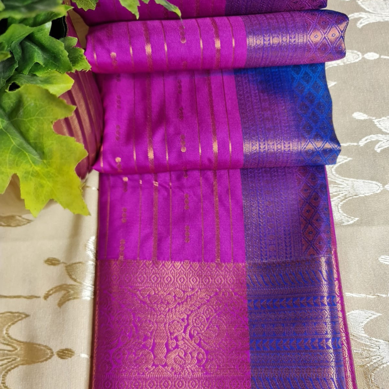 Kanchi Semi Silk saree with intricate gold zari detailing- Magenta & Royal Blue