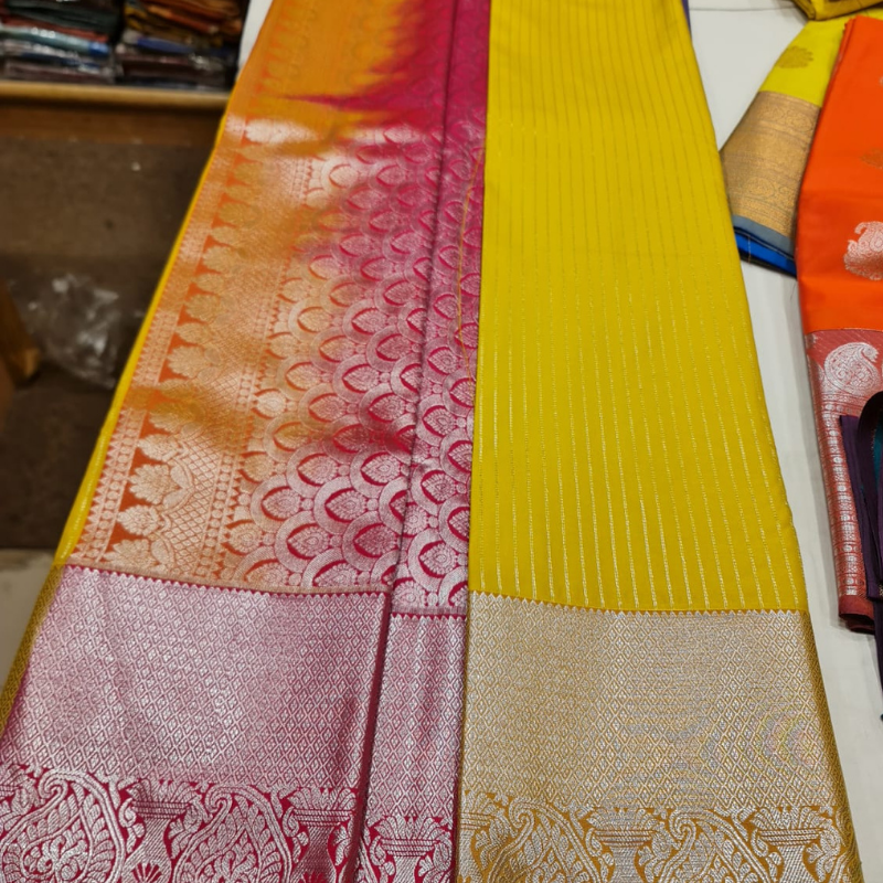 Kanchi Semi Silk saree with intricate gold zari detailing-Yellow Red Magenta