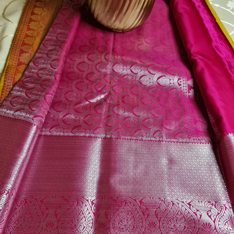 Kanchi Semi Silk saree with intricate gold zari detailing-Yellow Red Magenta