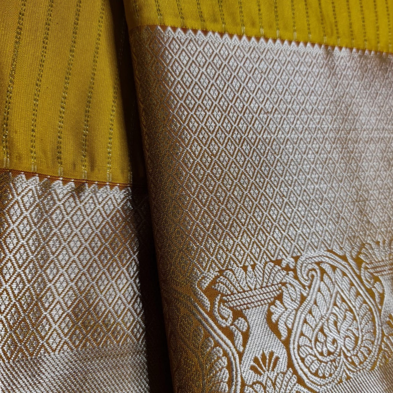 Kanchi Semi Silk saree with intricate gold zari detailing-Yellow Red Magenta