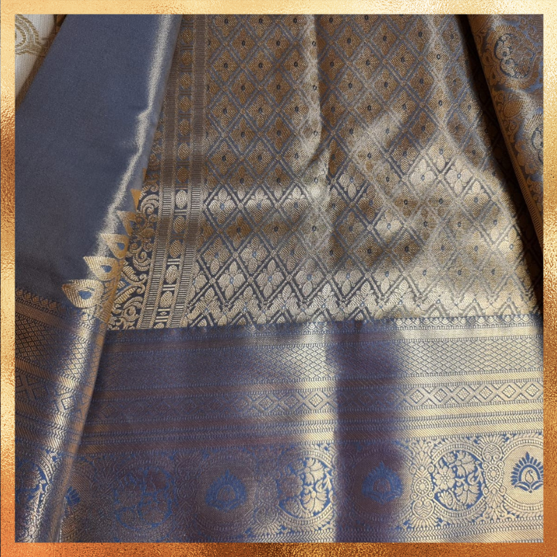 Bridal Kanjivaram Saree in Lavendar Color Body with Golden Rose Jacquard Weave