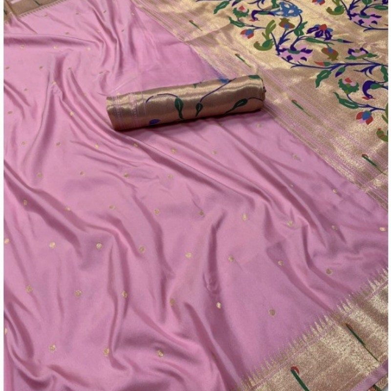 Light Pink Paithani saree with traditional peacock & lotus motifs in gold zari border with tassels