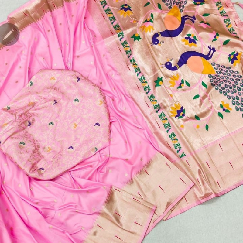 Handwoven Light Pink color Paithani saree with traditional colorful peacock and lotus motifs in gold zari border with tassels