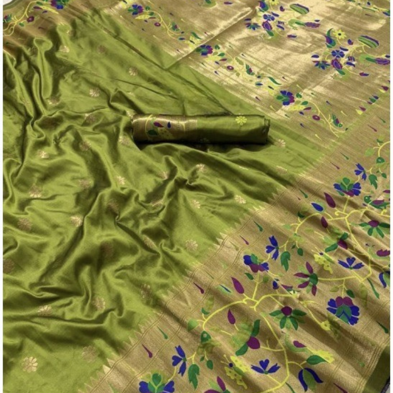 Lime Green color Paithani saree with traditional peacock & lotus motifs in gold zari border with tassels