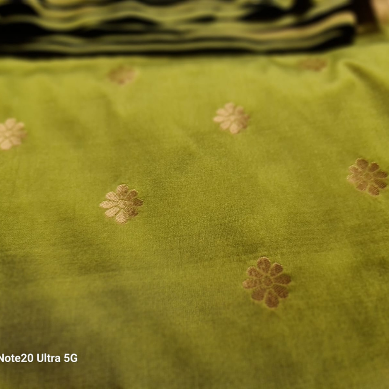 Lime Green color Paithani saree with traditional peacock & lotus motifs in gold zari border with tassels