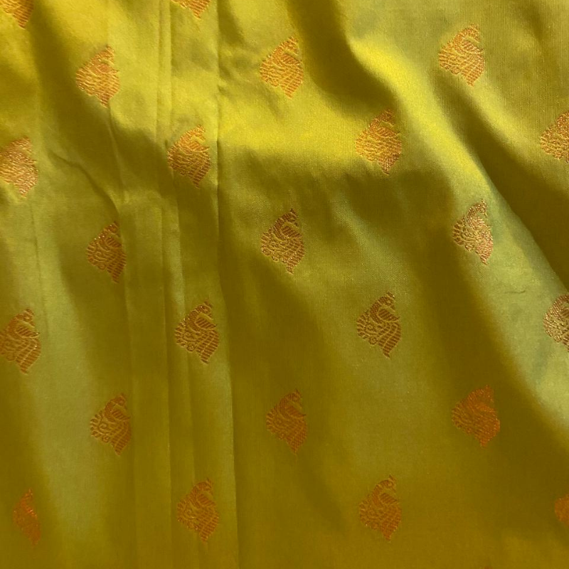 Handwoven Lime Green Paithani saree with traditional colorful peacock and lotus motifs in gold zari border