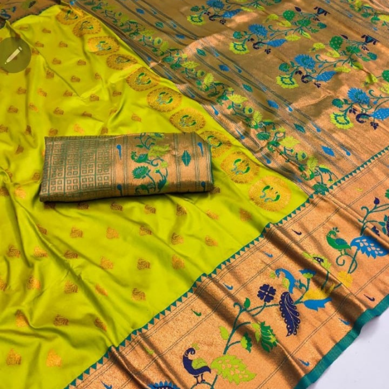 Handwoven Lime Green Paithani saree with traditional colorful peacock and lotus motifs in gold zari border