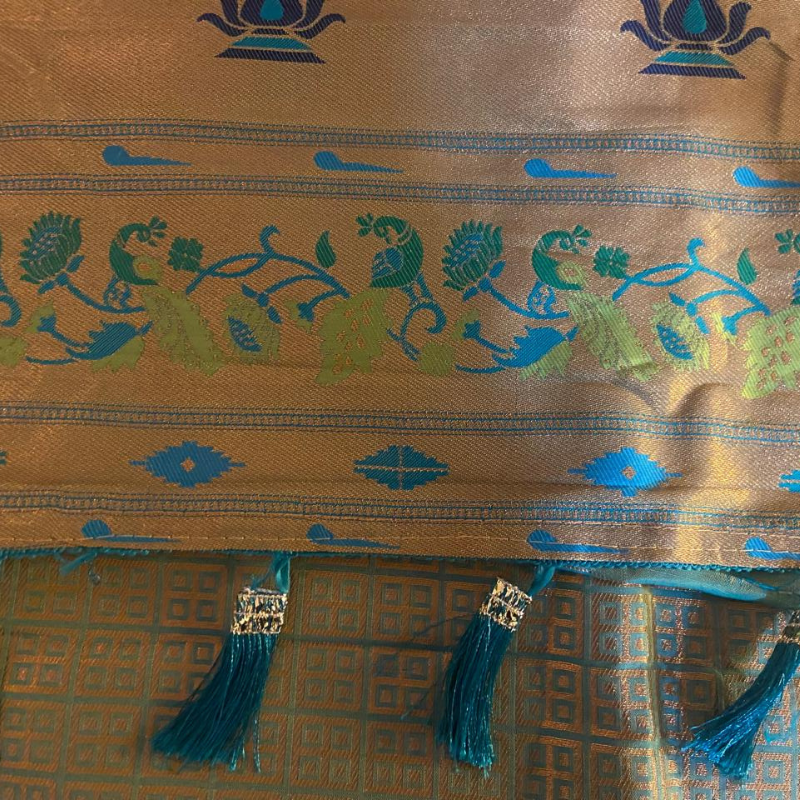 Handwoven Lime Green Paithani saree with traditional colorful peacock and lotus motifs in gold zari border